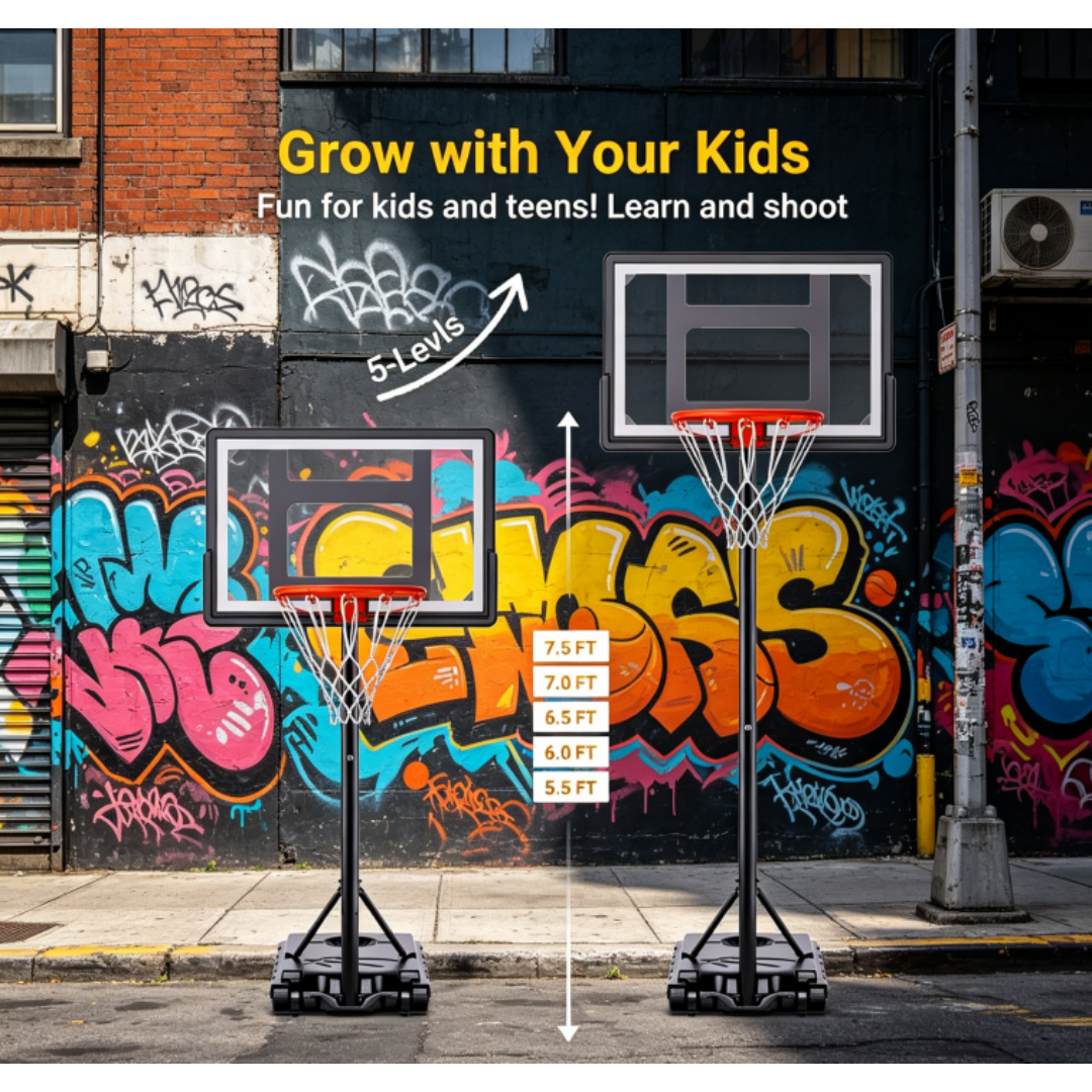 Adjustable Height Kids Basketball Hoop | 5.5–7.5 FT, 33" Shatterproof Backboard